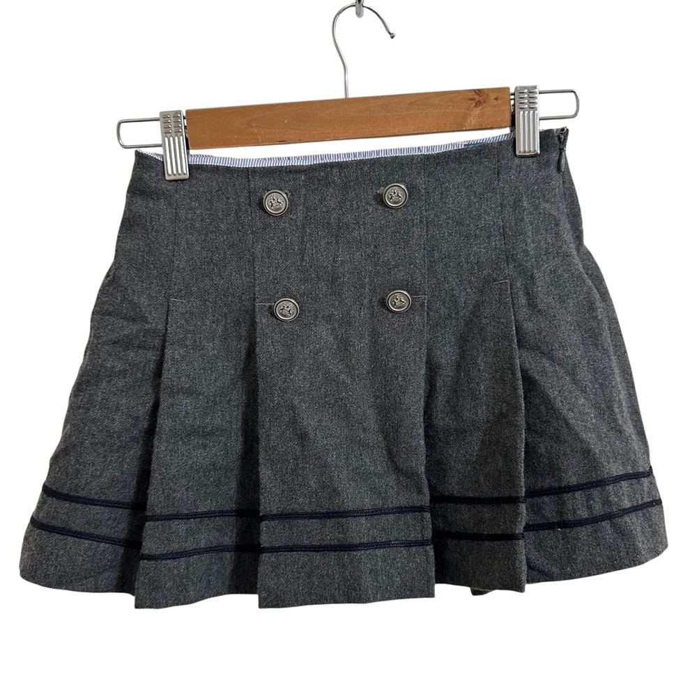 Jacadi Paris Pleated Wool Blend Skirt Kids Size 8A Grey Crest Buttons Nautical